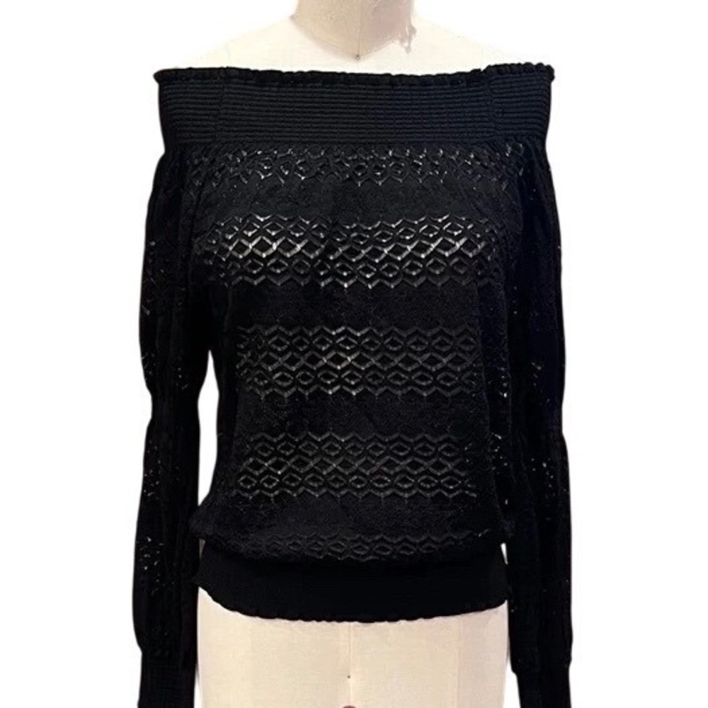 (B6) Zara Black Pointelle Lace Off the Shoulder‎ Smocked Knit Top Small NWT